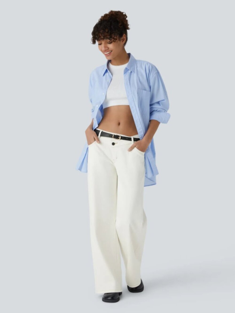 Halara Flex Asymmetric Low Rise Zipper Pockets Baggy Wide Leg Washed Jeans